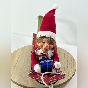 Karen Didion Sleighing Christmas Pixie Elf Doll Figure 9” x 6” Vtg Present Added